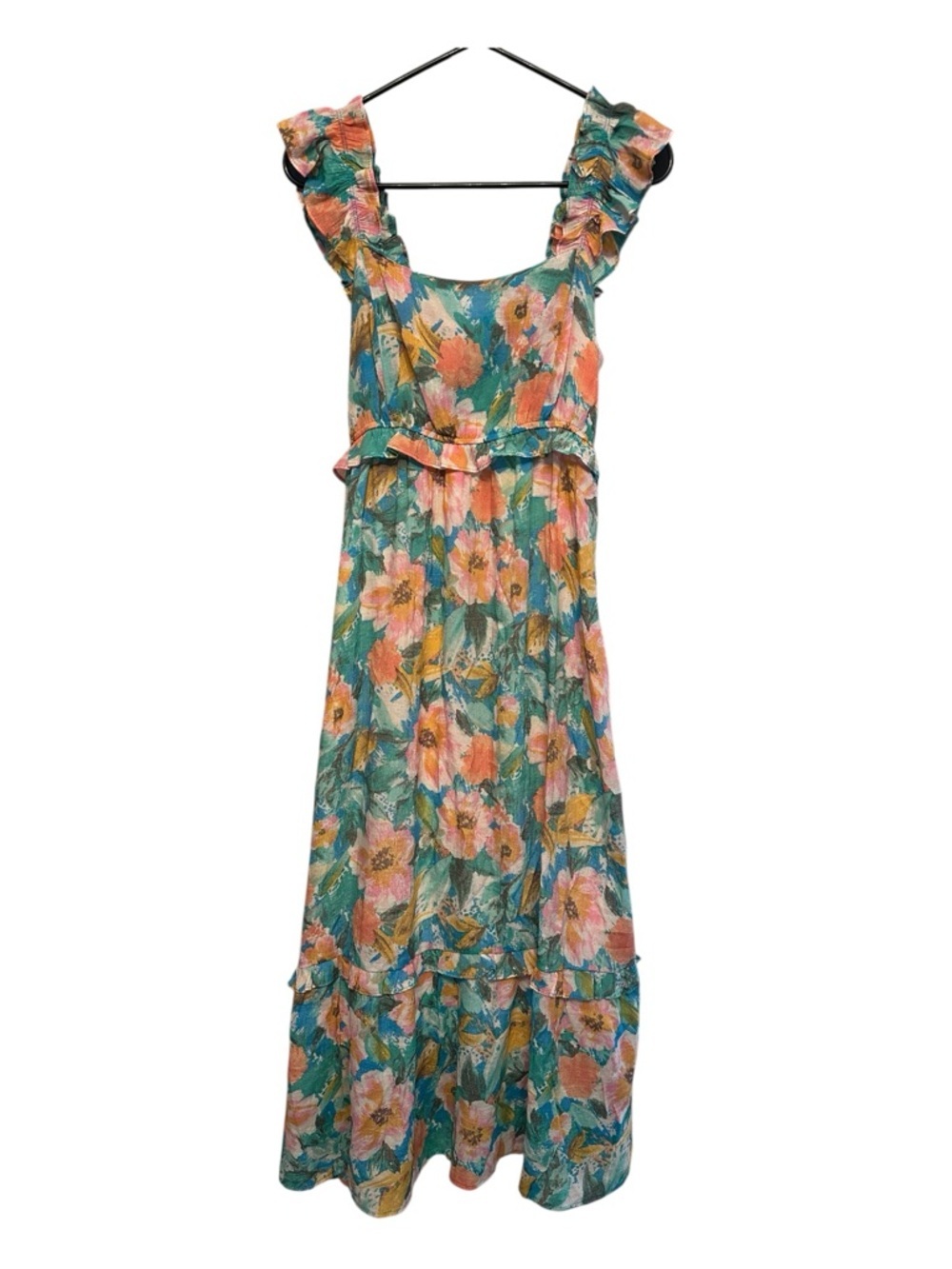 By The River Teal and Peach Floral Ruffle Sleeveless Maxi Dress Size Small